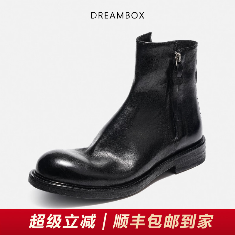 DREAMBOX钧博石洗马皮男靴侧拉链高帮皮靴秋冬新款英伦风切尔西靴