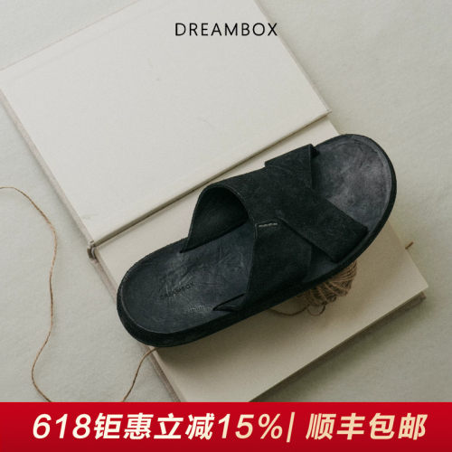 钧博水洗马皮平底外穿拖鞋