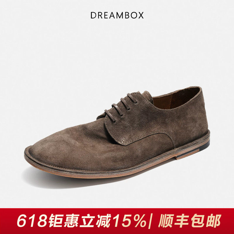 DREAMBOX钧博石洗马皮轻便透气休闲皮鞋2026春夏新款薄底德比鞋