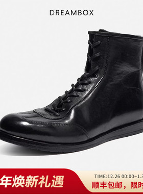 DREAMBOX钧博石洗马皮高帮德训鞋平底舒适马丁靴英伦复古手工男鞋