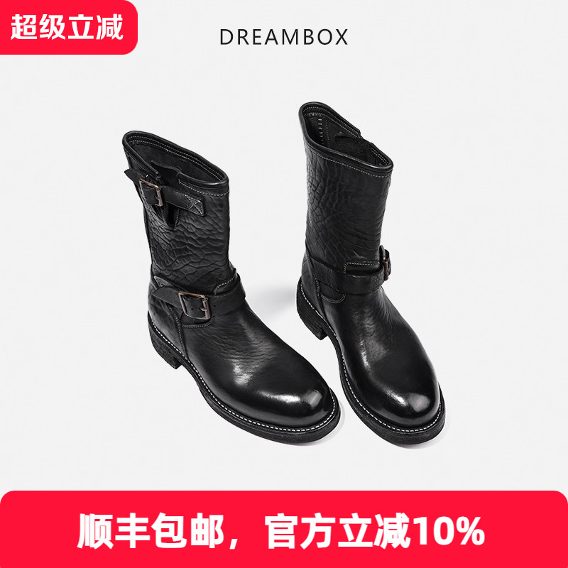 dreambox水洗马皮粗跟厚底长筒靴