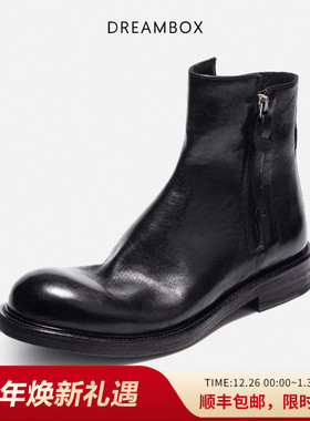 dreambox钧博石洗马皮男靴侧拉链高帮皮靴秋冬新款英伦风切尔西靴