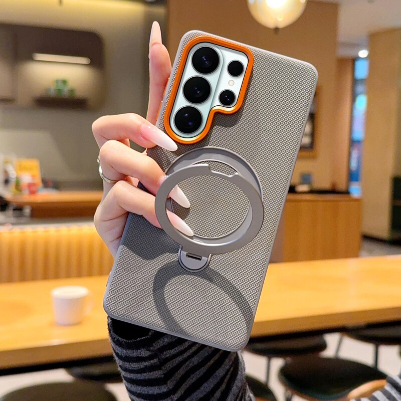 适用三星Galaxys26ultra手机壳新款s26plus磨砂旋转支架保护套S26Edge素皮s26+全包防摔s26高级感s25金甲灰色