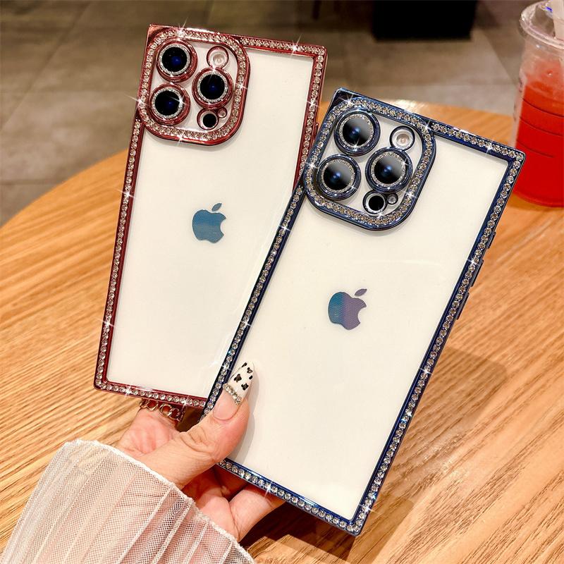 iPhone13软壳高级全包女款适用镶钻防摔护套手15Pro14pro16proMax苹果感15plus透明直角方边电镀奢华保16机壳