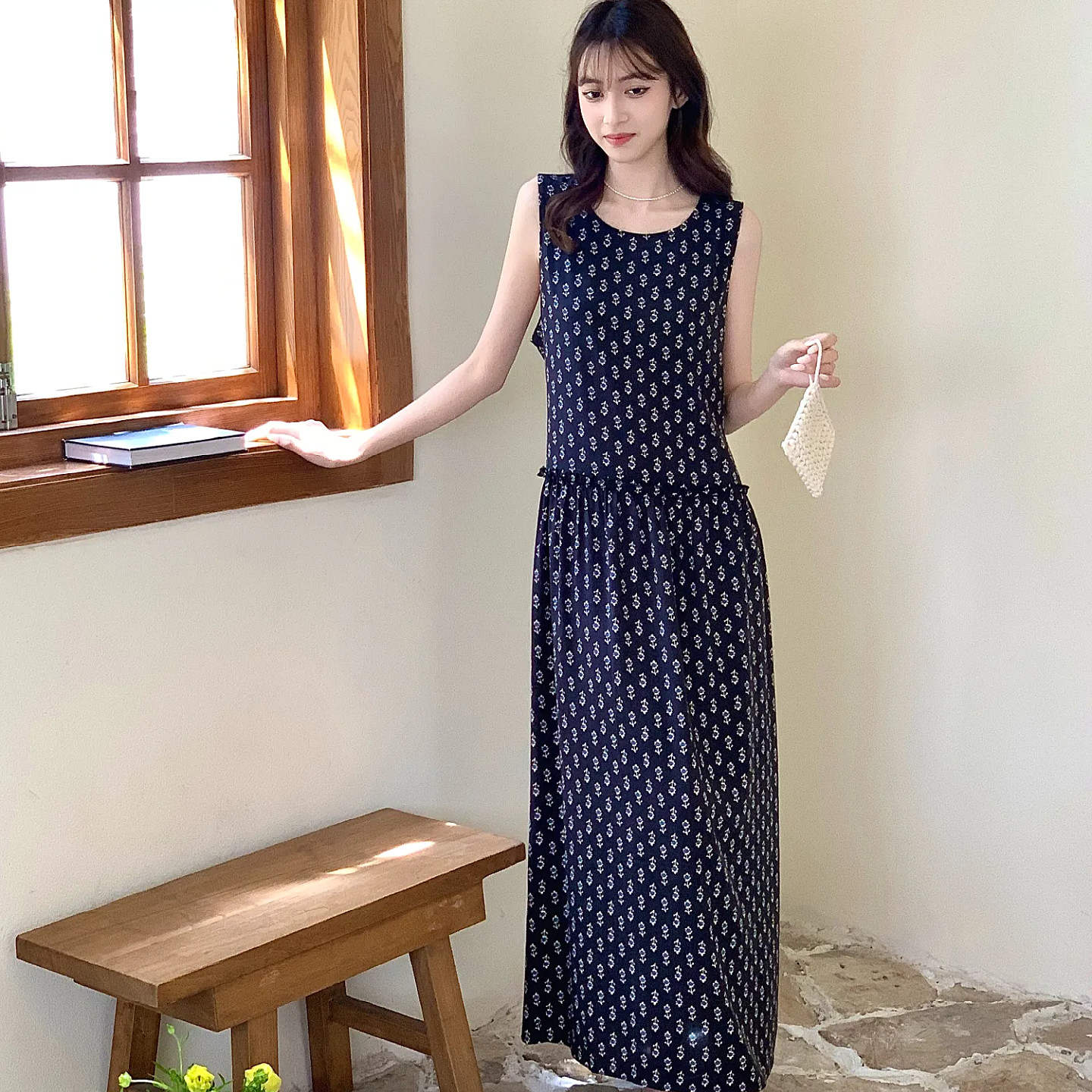 棉绸夏季无袖小花睡裙可外穿