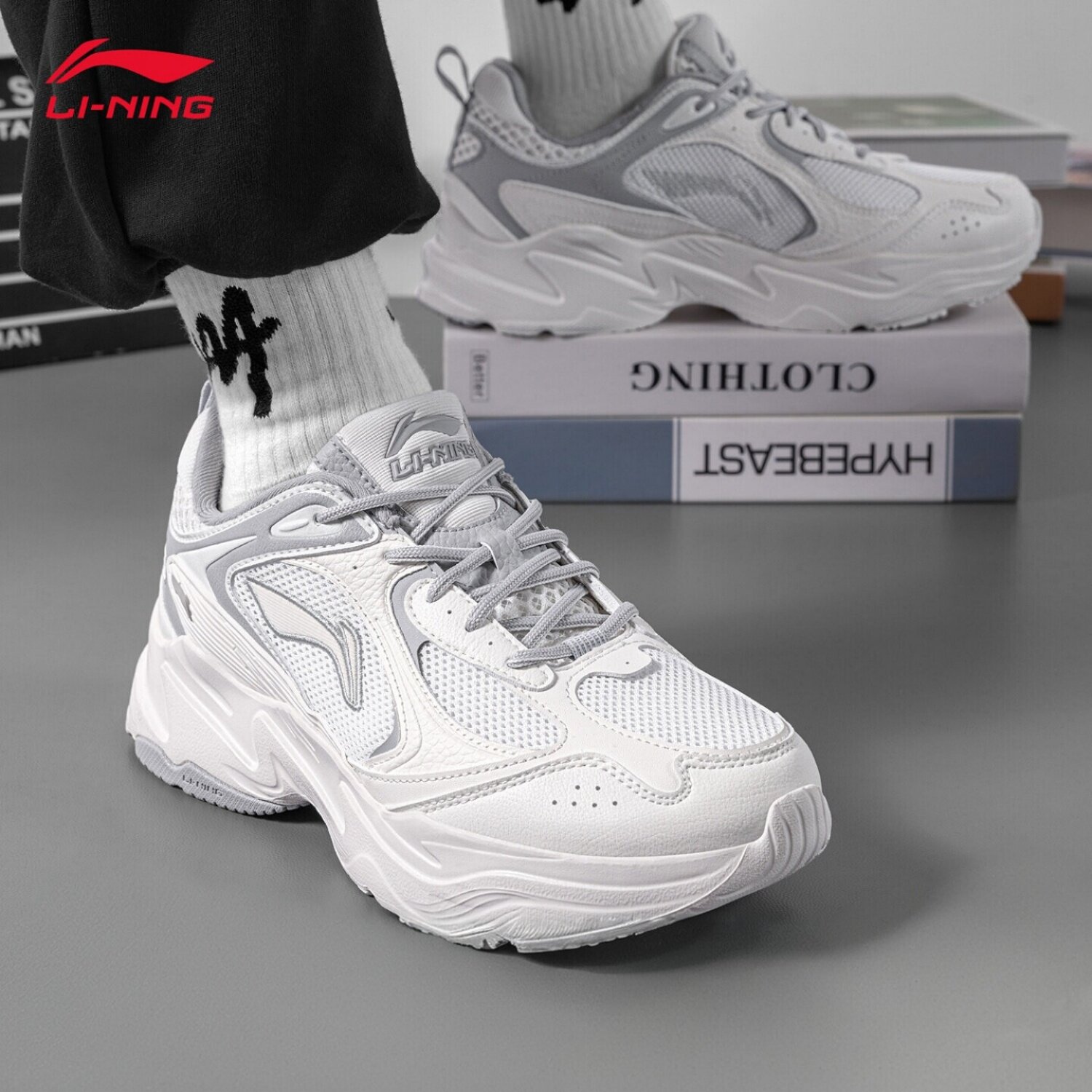 李宁复古老爹鞋男鞋2026春季白色厚底轻便透气休闲运动鞋户外跑鞋