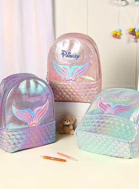 DIY定制可爱镭射亮面美人鱼双肩包刺绣姓名大容量轻便学生背书包