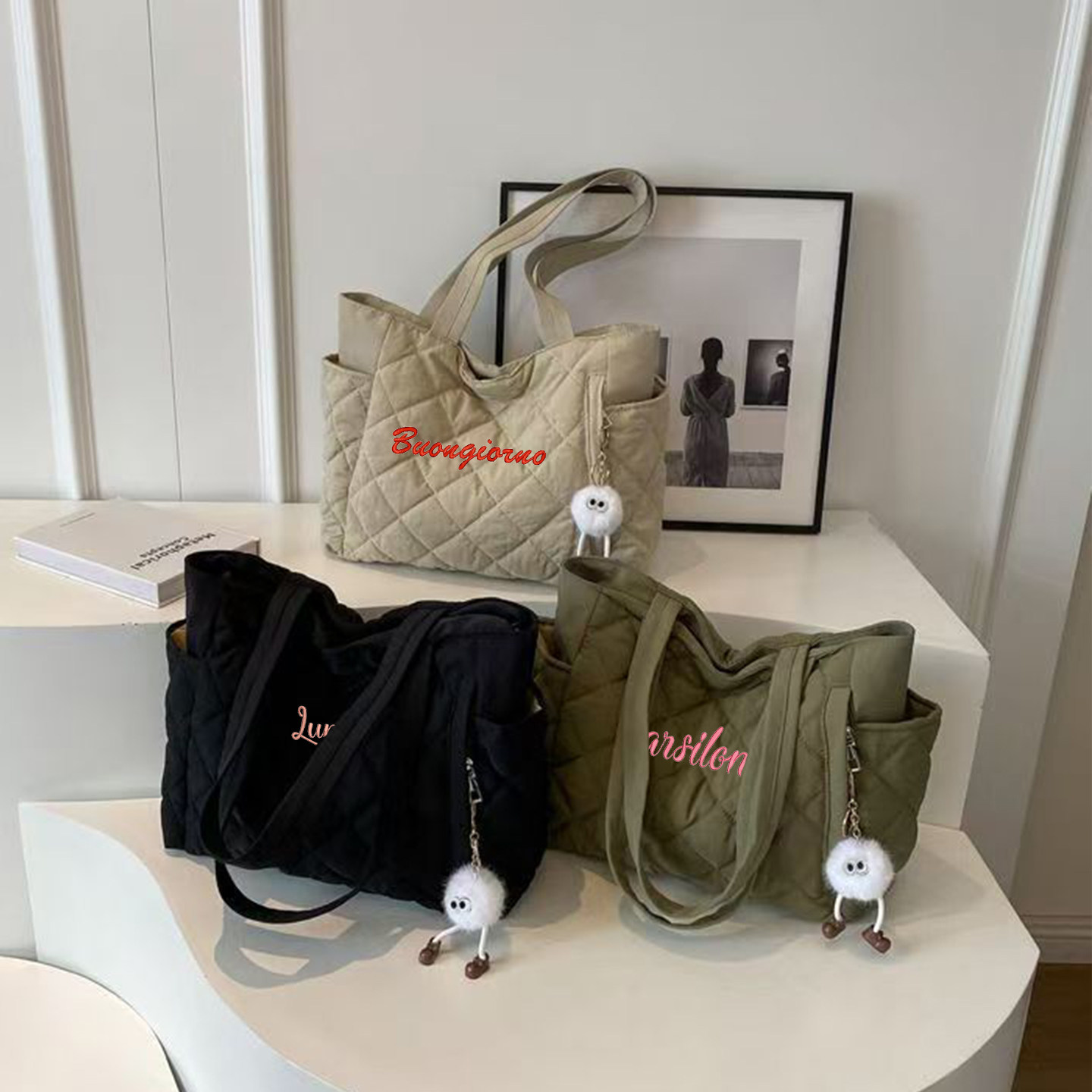 DIY定制菱格大容量单肩手提包棉服时尚通勤托特包轻便学生补课包,箱包皮具/热销女包/男包,单肩包,淘宝优惠券,粉丝福利购,淘宝优惠卷