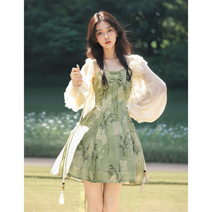 套装 竹语 改良新中式 汉服女国风日常甜美少女绿色裙子超仙开衫