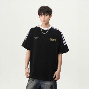 美式 T恤男夏季 新款 宽松圆领印花运动重磅百搭体恤 潮牌三条杠短袖