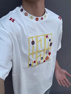 美式复古字母刺绣短袖男款夏季小众重磅圆领t恤潮牌高街情侣半袖