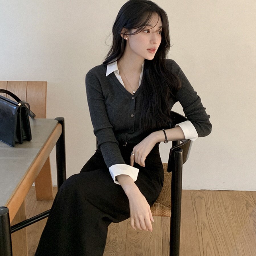 韩国reine正品针织衫叠穿半开领女式官网代购秋款外穿修身短上衣