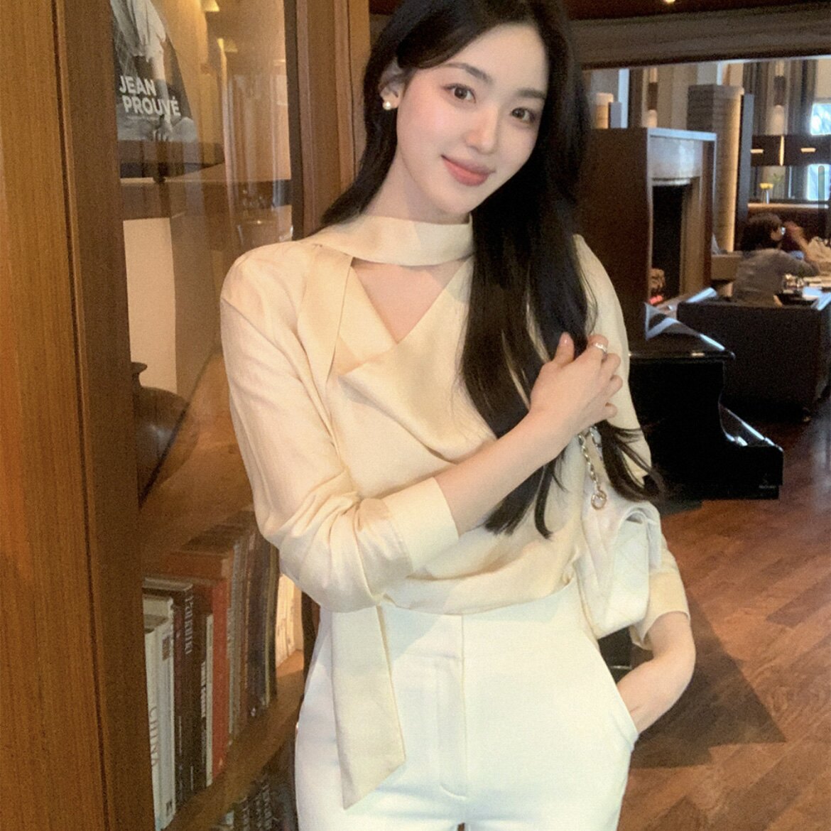 26春秋设计感堆领衬衫长袖女reine正品韩国代购新款洋气系带上衣