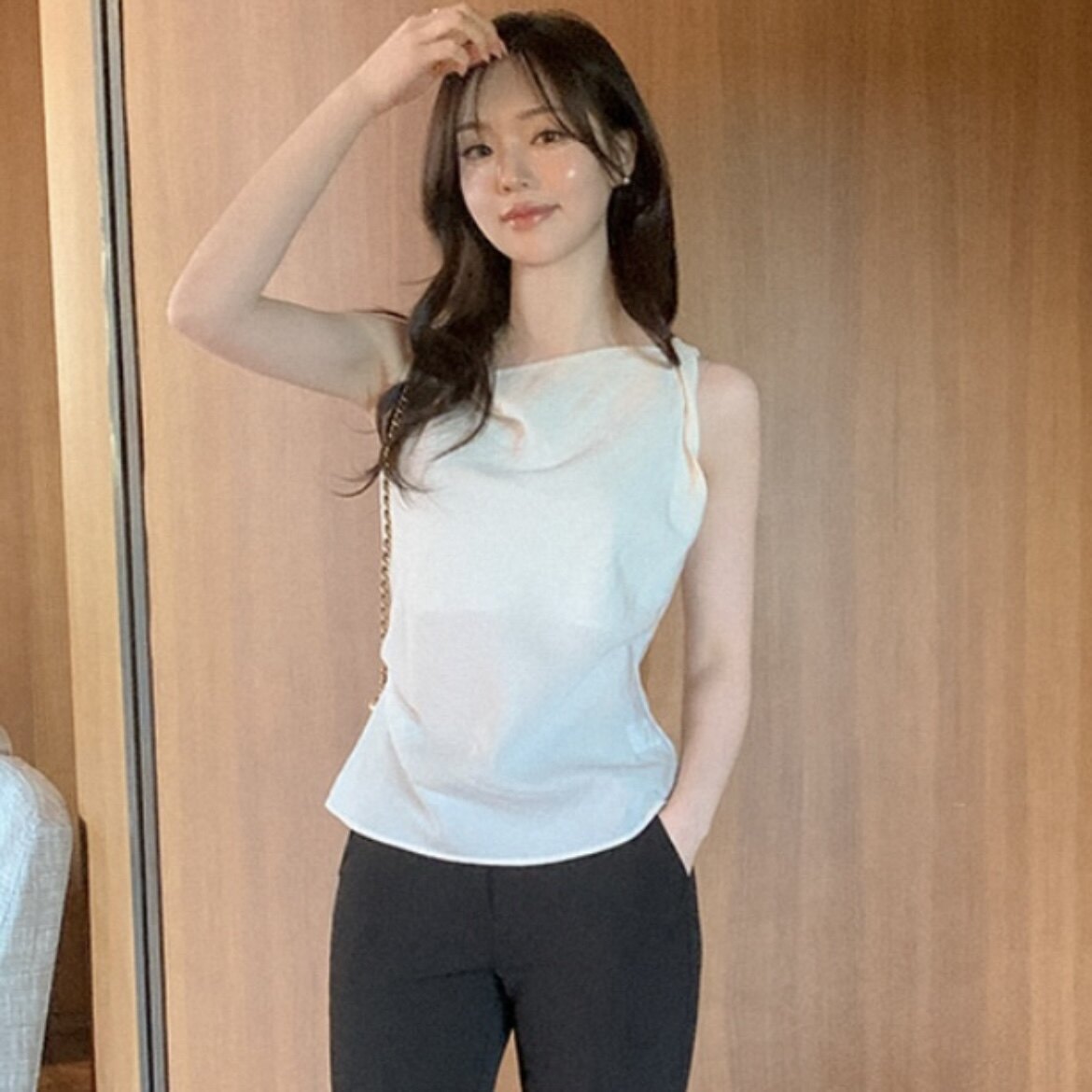 韩国正品高档天丝衬衫荡领无袖女reine代购夏套头小清新韩式上衣