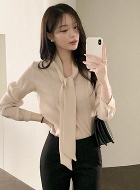 26春季系带v领衬衫长袖韩系女装reine正品韩国代购米色短上衣内搭