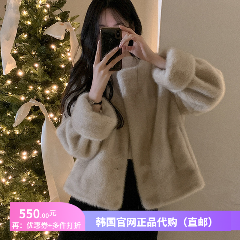 高级感仿皮草短外套韩式女装reine正品韩国代购慵懒风毛绒短大衣