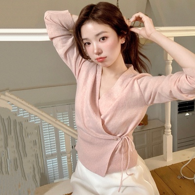 春季优雅女人v领针织衫系带收腰女attrangs正品韩国代购毛衣开衫