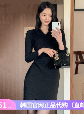 春秋优雅气质v领连衣裙女reine官网正品韩国代购黑色设计感裹身裙