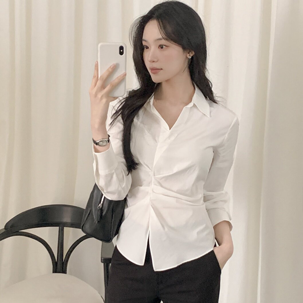 韩国官网设计感衬衫长袖女reine正品代购春褶皱收腰显瘦小众上衣