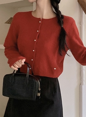 25春秋漂亮红色羊毛针织衫女fromdayone韩国代购小个子短开衫上衣