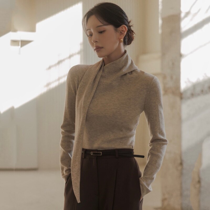 春秋冬高级设计感针织衫系带领女