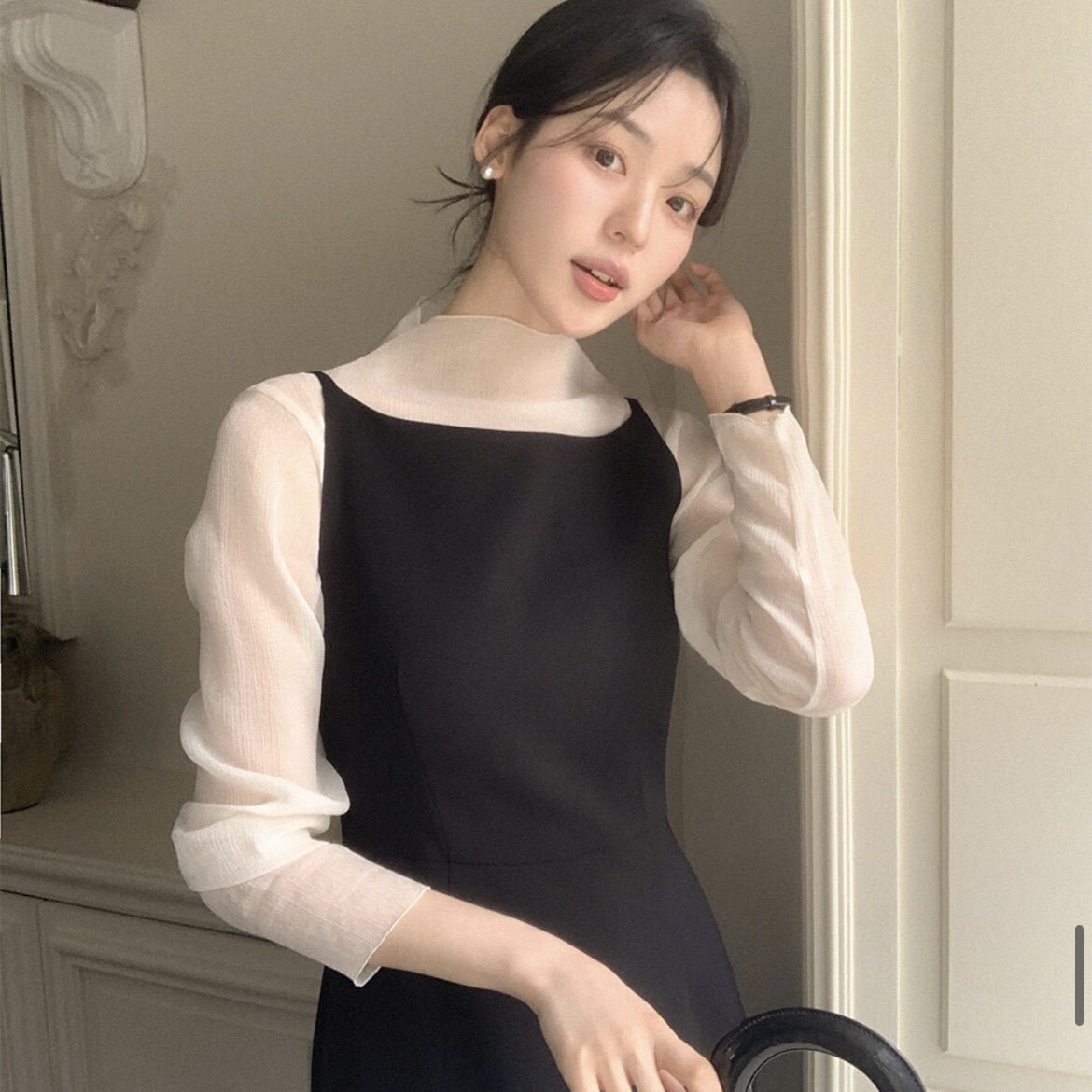 春秋温柔风衬衫半高领长袖女reine正品韩国代购薄款内搭外穿上衣