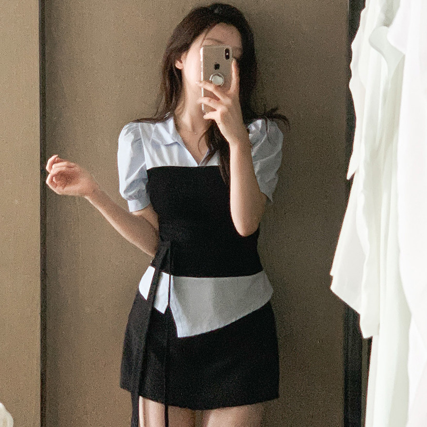 韩国正品拼色衬衫女式中袖设计感