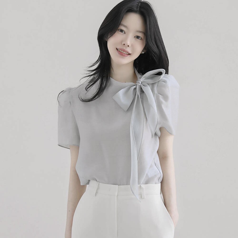 韩国正品高档天丝衬衫系带领女