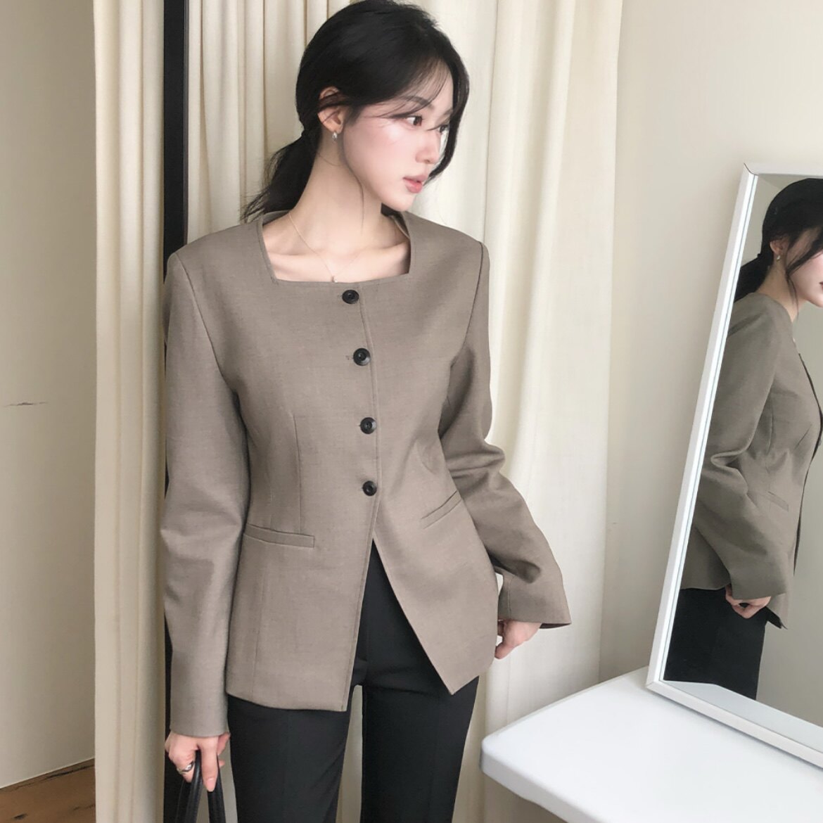 韩国reine正品高级感方领西装外套女reine代购春秋通勤粗花呢上衣