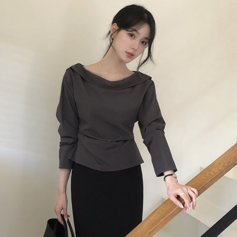 韩国reine正品好看衬衫长袖女式官网代购初秋设计感韩式收腰上衣