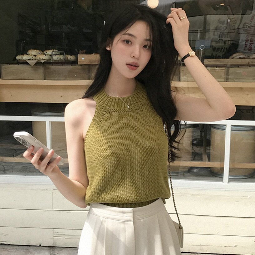 韩国正品露肩挂脖针织衫女无袖reine官网代购夏季洋气穿搭短上衣
