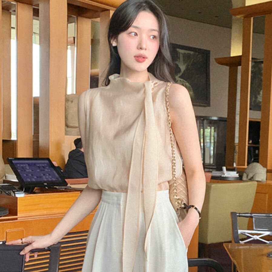 韩国官网正品薄衬衫露肩无袖飘带设计感女reine代购夏季好看上衣
