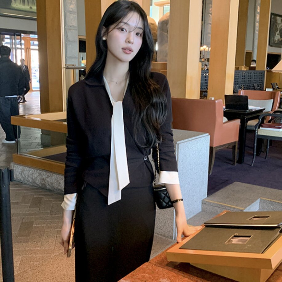 韩国正品别致v领针织衫长袖女式reine官网直邮春秋季外穿减龄上衣
