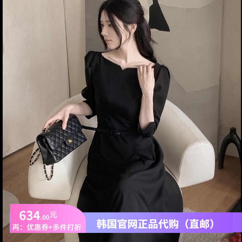 春秋高档一字领连衣裙七分袖女fromdayone正品韩国代购收腰a字裙