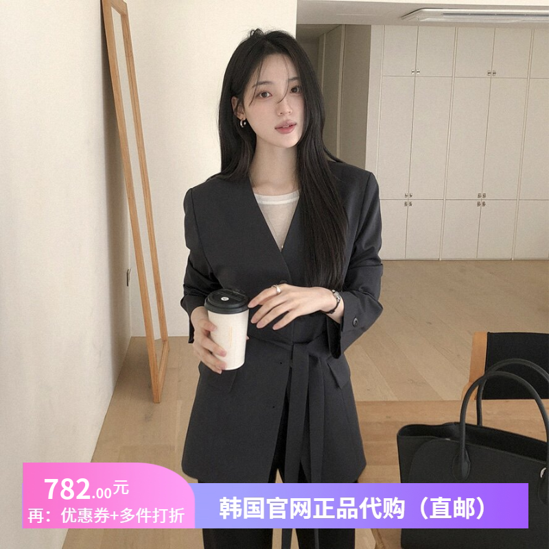 26春秋黑色西装外套腰带优雅知性女reine正品韩国代购高档v领上衣