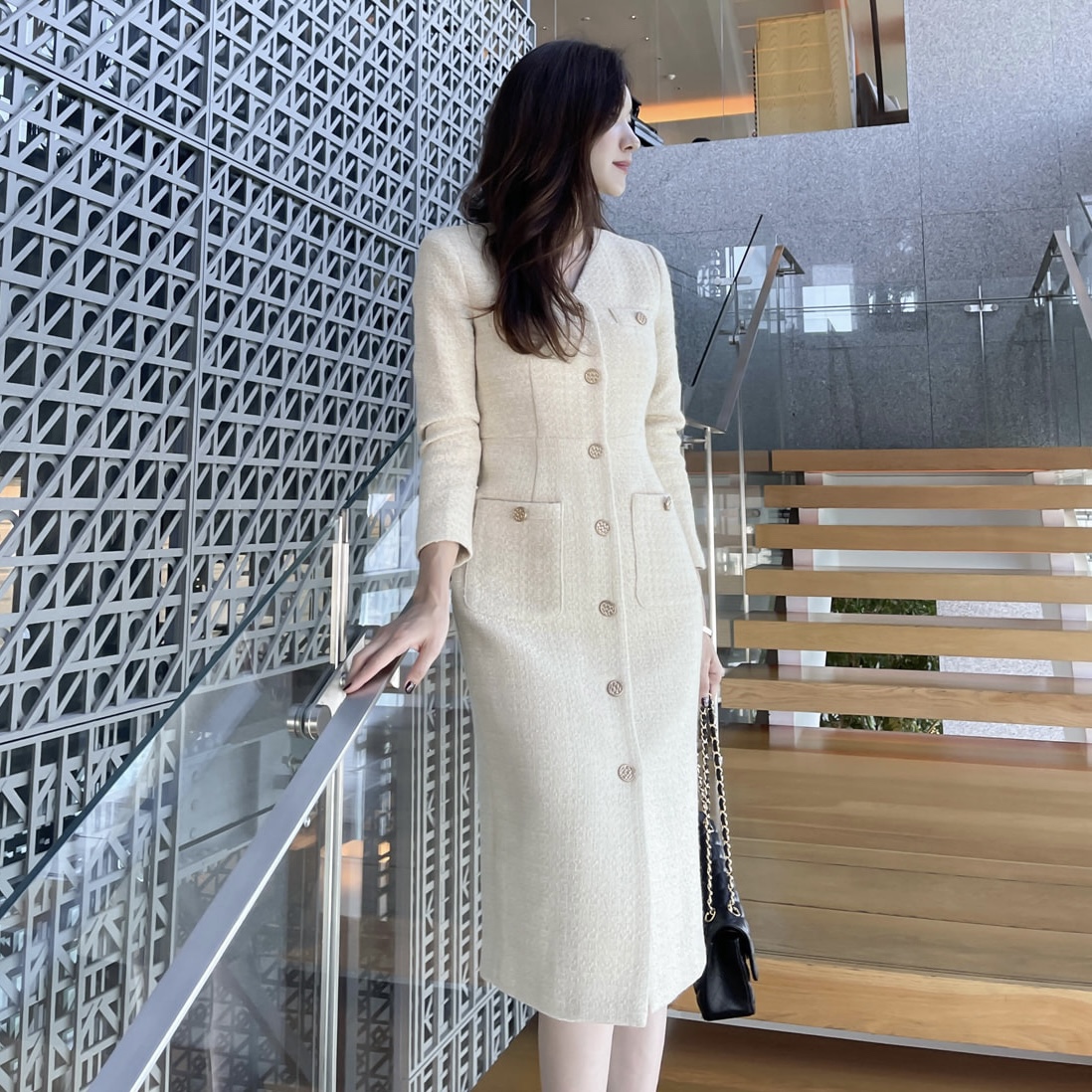 春秋冬高级感粗花呢连衣裙女正品韩国代购通勤优雅知性气质西装裙