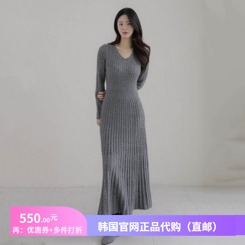 秋冬麻花纹针织连衣裙打底配大衣女正品韩国代购韩式超长款毛衣裙