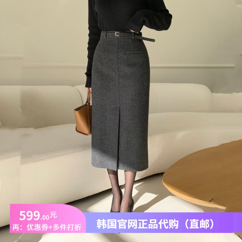25春秋冬呢料半身裙通勤优雅气质女正品韩国代购职业前开叉西装裙