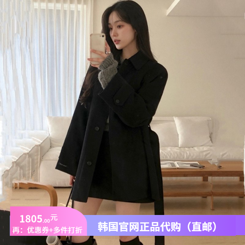冬季高档黑色羊毛呢外套韩式慵懒风女reine正品韩国代购宽松大衣