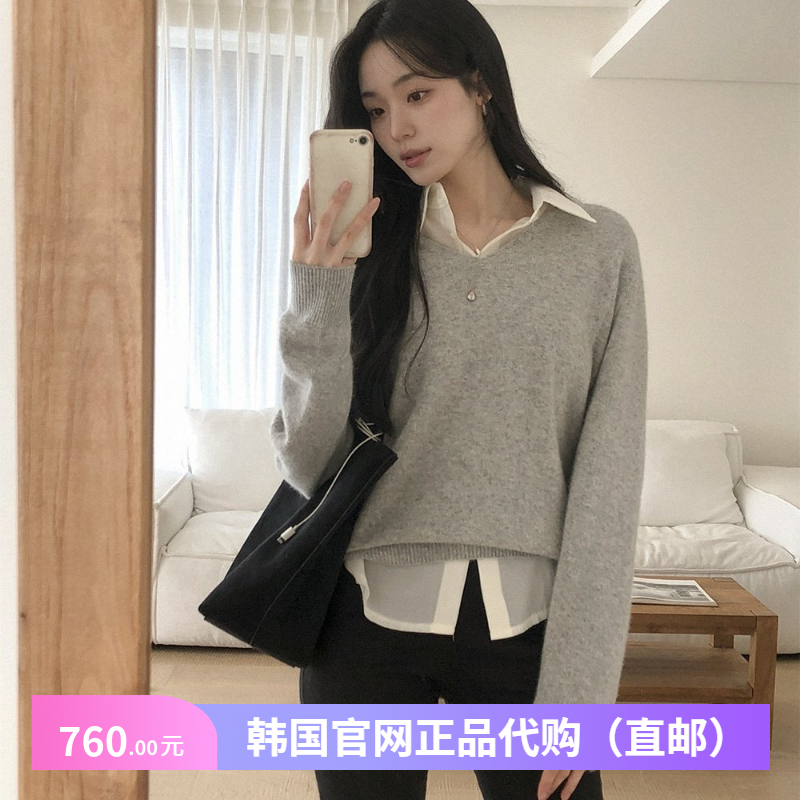 25秋冬高级感灰色毛衣v领套头衫宽松女装reine官网韩国代购针织衫