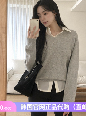 25秋冬高级感灰色毛衣v领套头衫宽松女装reine官网韩国代购针织衫