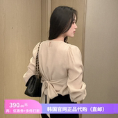 25春季 设计感小众短上衣 女reine韩国代购 名媛公主衬衫 蝴蝶结长袖