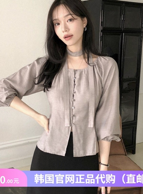 春秋飘带方领衬衫长袖女装reine正品韩国代购高档小个子穿搭上衣