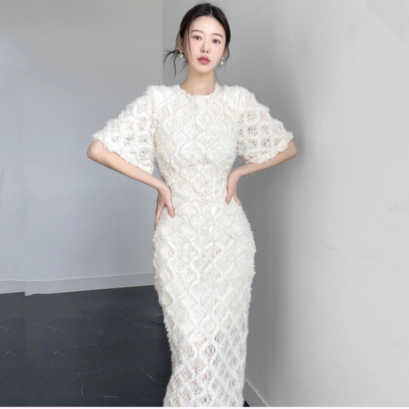 高级感蕾丝拼接连衣裙修身女正品韩国代购春秋优雅气质设计感裙子