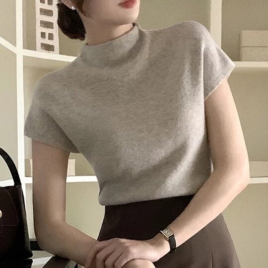 2025秋冬羊绒针织衫半高领短袖女attrangs韩国代购新款洋气打底衫