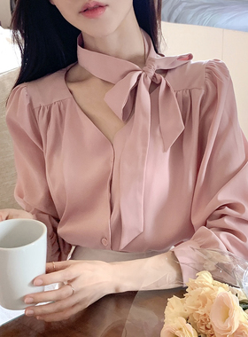 春秋系带v领长袖衬衫通勤女fromdayone韩国代购宽松绝美气质上衣