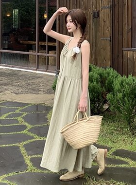 韩国v领无袖连衣裙亚麻棉女attrangs代购26春夏韩式休闲长裙