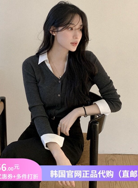 26春季设计感v领针织开衫衬衫领叠穿女装reine正品韩国代购短外套