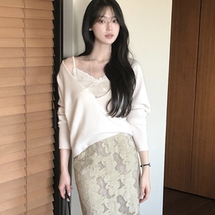 韩国reine慵懒风v领针织衫女官网代购秋冬休闲外穿毛衣套头衫