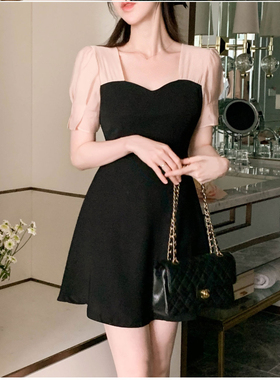 25夏季设计感拼色连衣裙短袖韩国代购fromdayone公主小个子a字裙